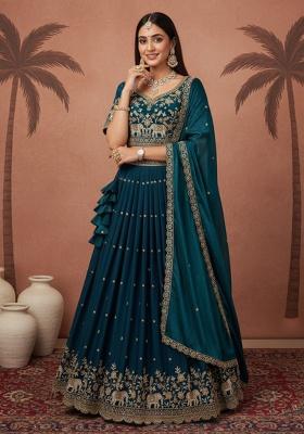 Blue Embroidered Silk Lehenga Set