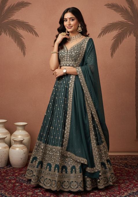 Green Embroidered Georgette Lehenga Set