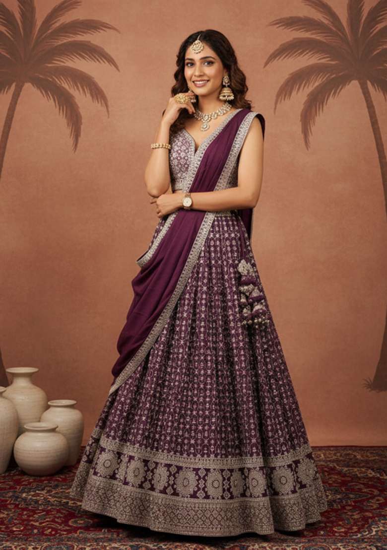 Wine Georgette Lehenga Set with Embroidered for Diwali | Wedding & Festive Wear - Indya
