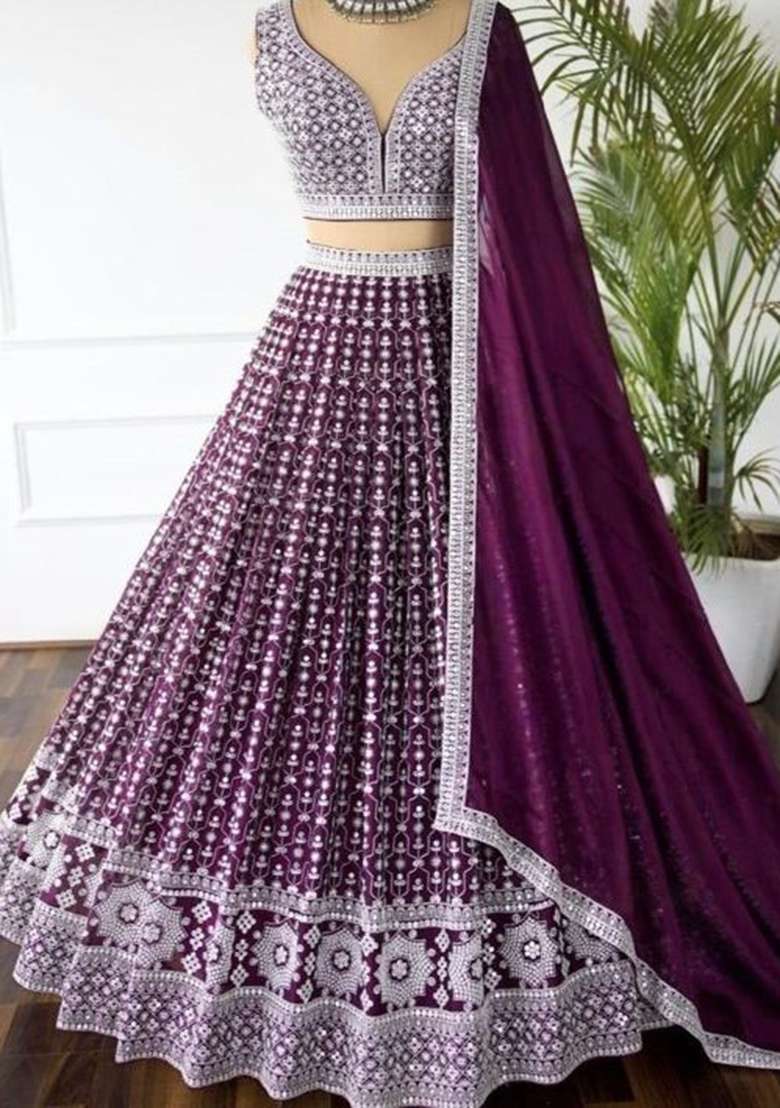 Wine Georgette Lehenga Set with Embroidered for Diwali | Wedding & Festive Wear - Indya