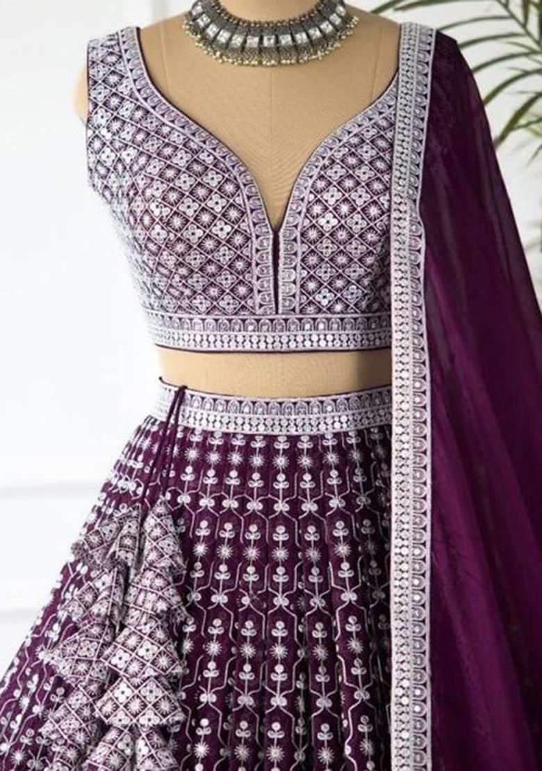 Wine Georgette Lehenga Set with Embroidered for Diwali | Wedding & Festive Wear - Indya