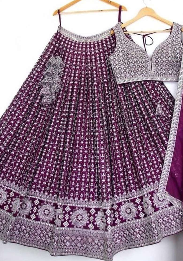 Wine Georgette Lehenga Set with Embroidered for Diwali | Wedding & Festive Wear - Indya