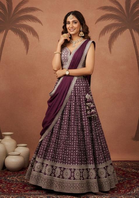 Wine Embroidered Georgette Lehenga Set