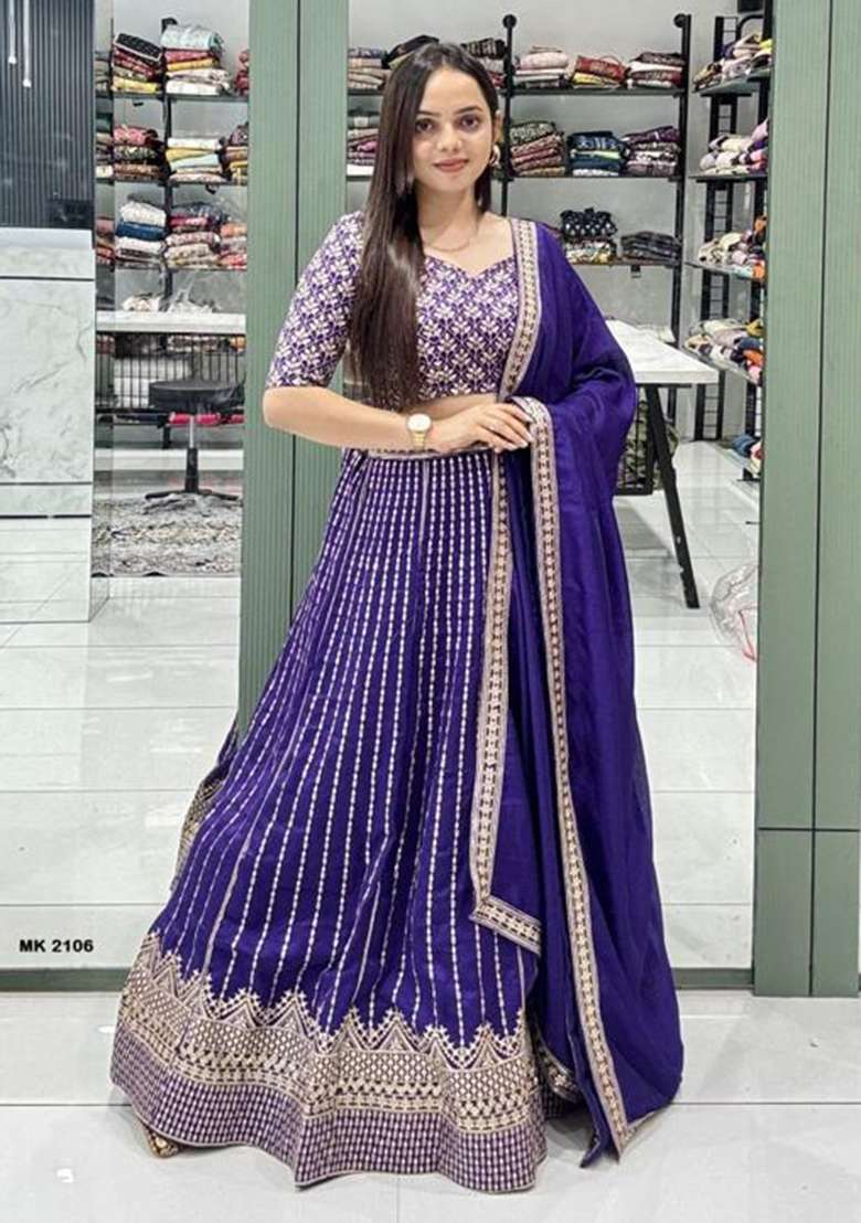 Blue Embroidered Georgette Lehenga Set for Diwali and Festive Wear - Indya