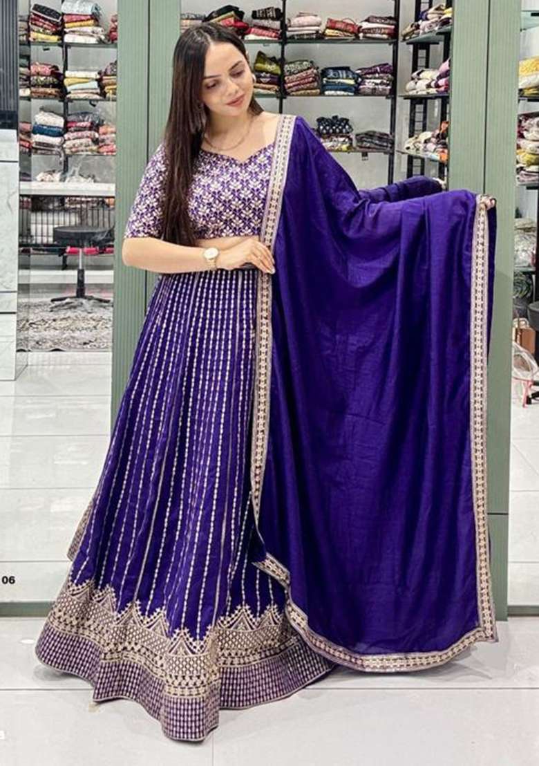 Blue Embroidered Georgette Lehenga Set for Diwali and Festive Wear - Indya