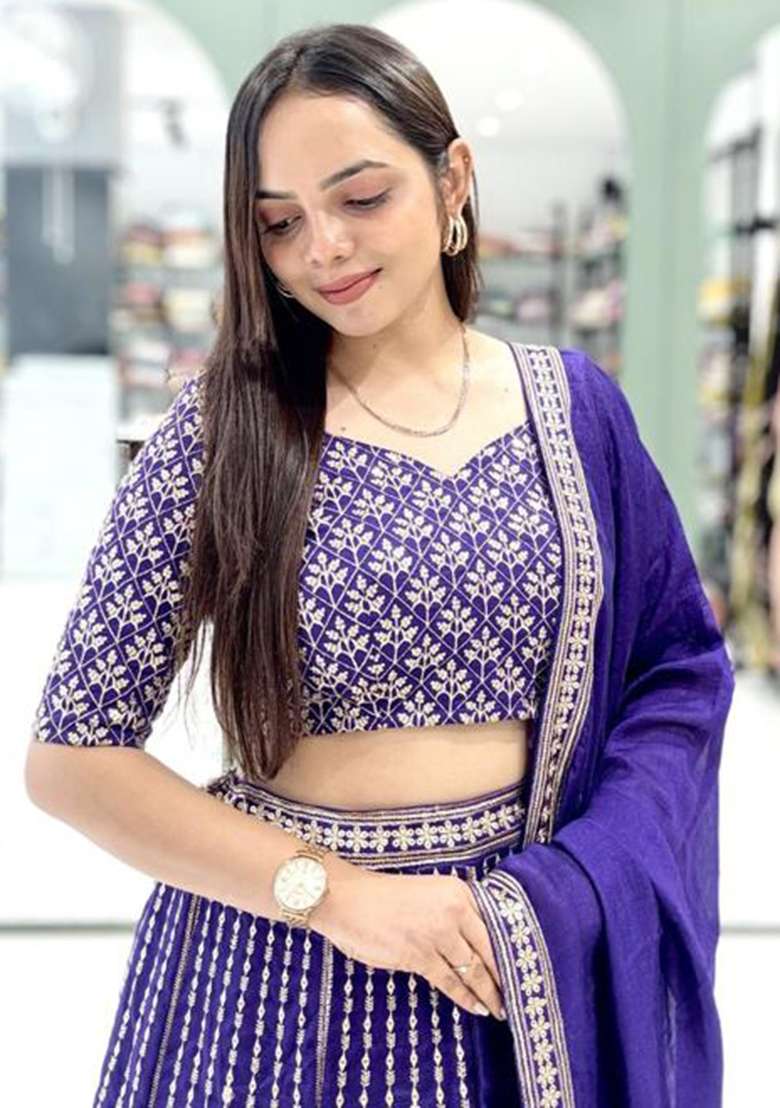 Blue Embroidered Georgette Lehenga Set for Diwali and Festive Wear - Indya