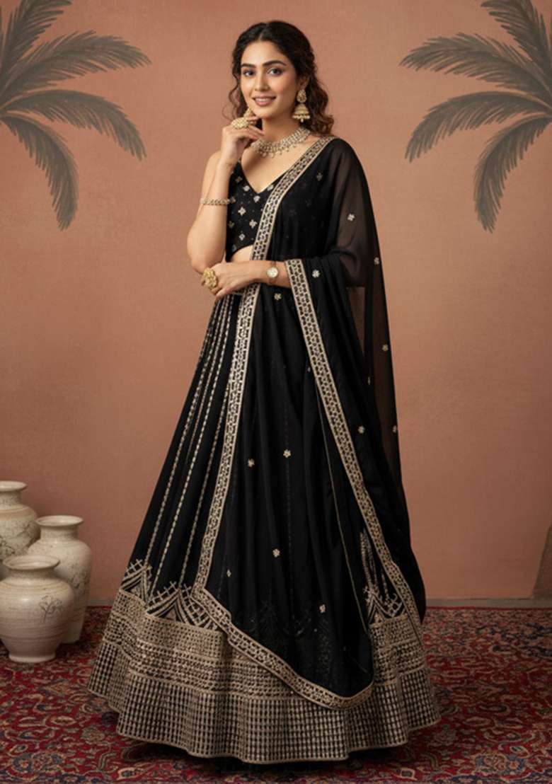 Black Georgette Lehenga Set with Embroidered for Diwali | Wedding & Festive Wear - Indya