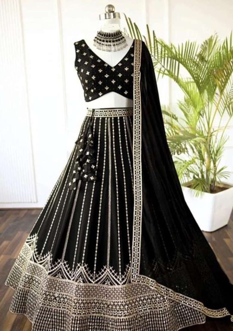 Black Georgette Lehenga Set with Embroidered for Diwali | Wedding & Festive Wear - Indya