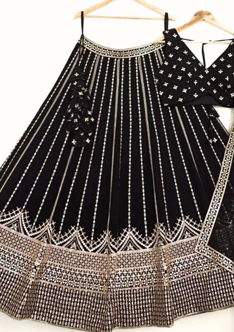 Black Georgette Lehenga Set with Embroidered for Diwali | Wedding & Festive Wear - Indya