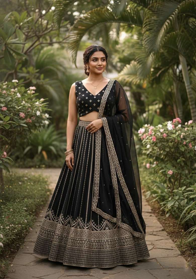Black Georgette Lehenga Set with Embroidered for Diwali | Wedding & Festive Wear - Indya