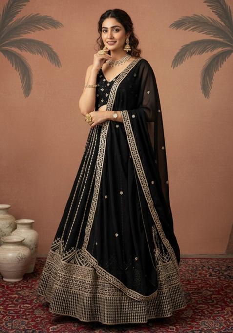Black Embroidered Georgette Lehenga Set
