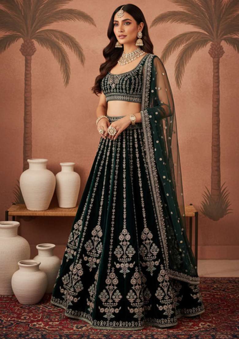 Green Georgette Lehenga Set with Embroidered for Diwali | Wedding & Festive Wear - Indya