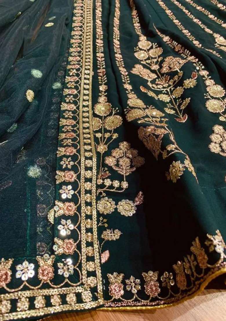 Green Georgette Lehenga Set with Embroidered for Diwali | Wedding & Festive Wear - Indya