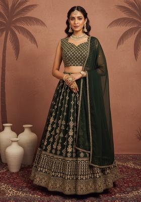 Green Embroidered Georgette Lehenga Set