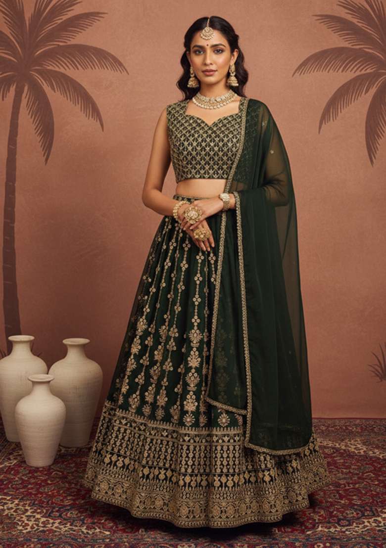 Green Embroidered Georgette Lehenga Set for Diwali and Festive Wear - Indya