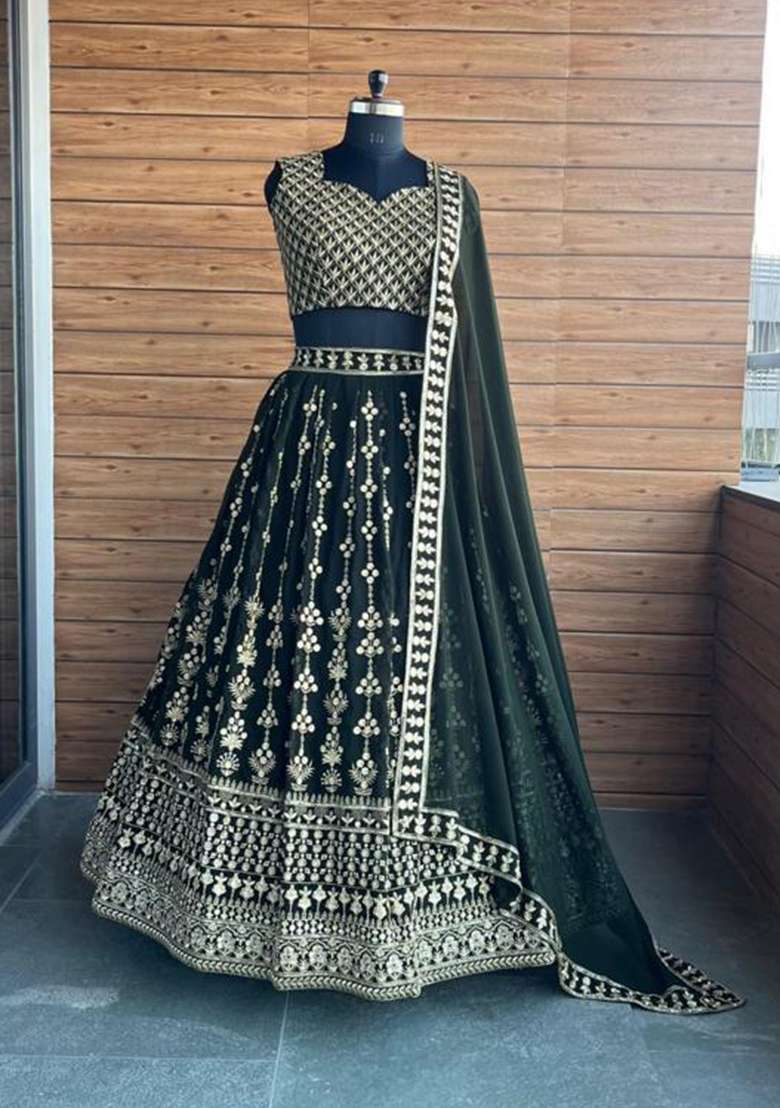 Green Embroidered Georgette Lehenga Set for Diwali and Festive Wear - Indya