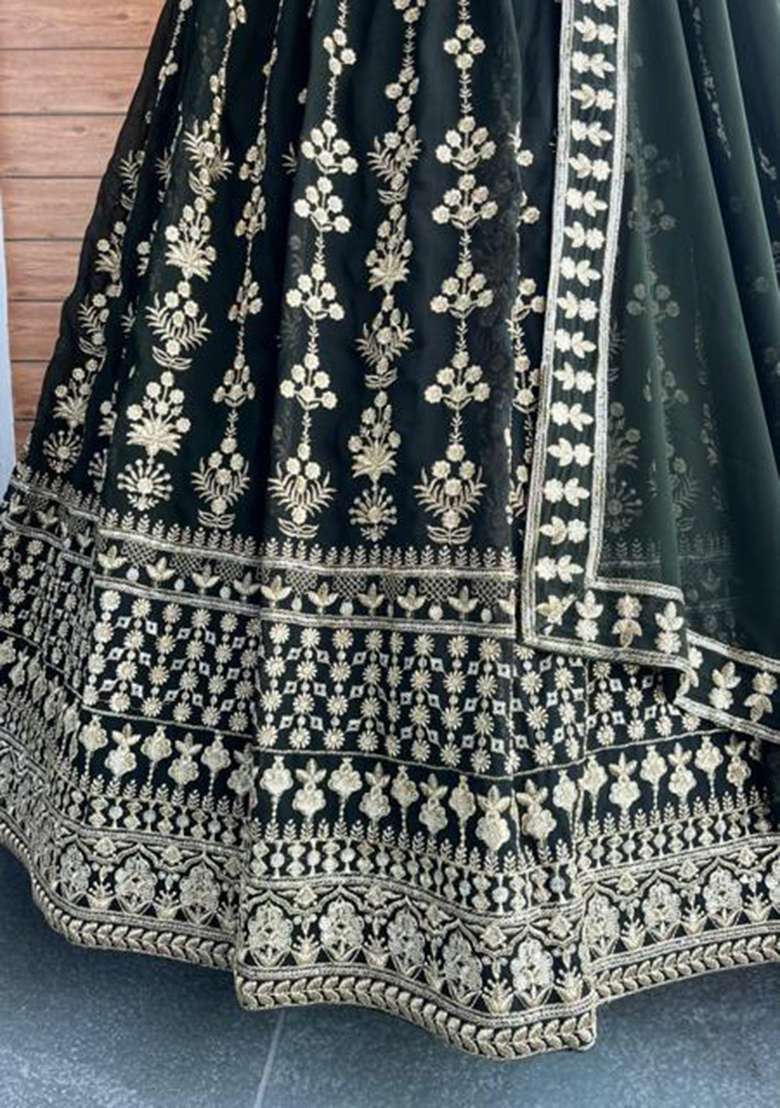 Green Embroidered Georgette Lehenga Set for Diwali and Festive Wear - Indya