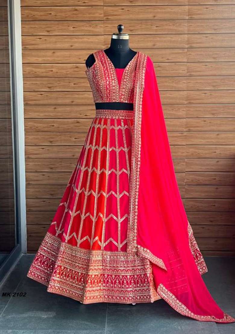 Orange Embroidered Georgette Lehenga Set for Diwali and Festive Wear - Indya
