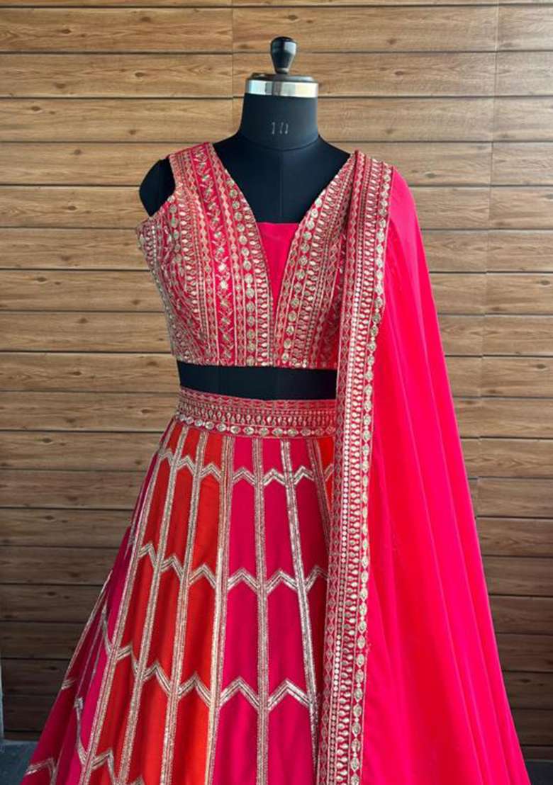 Orange Embroidered Georgette Lehenga Set for Diwali and Festive Wear - Indya