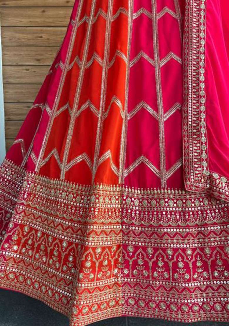 Orange Embroidered Georgette Lehenga Set for Diwali and Festive Wear - Indya