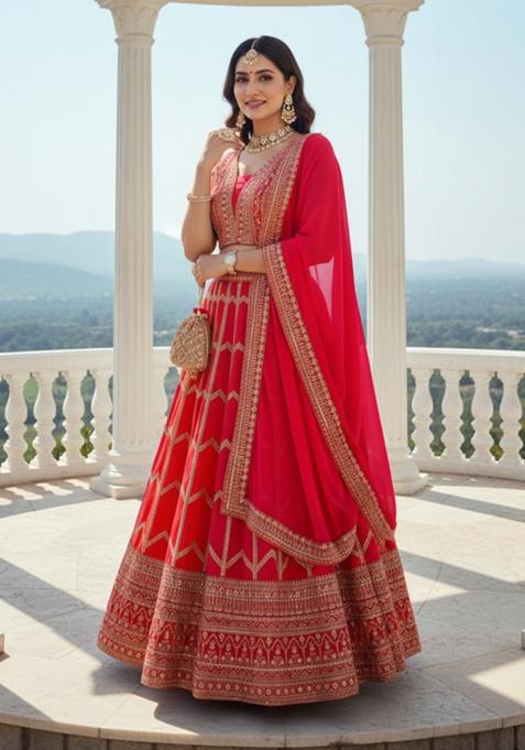 Orange Embroidered Georgette Lehenga Set
