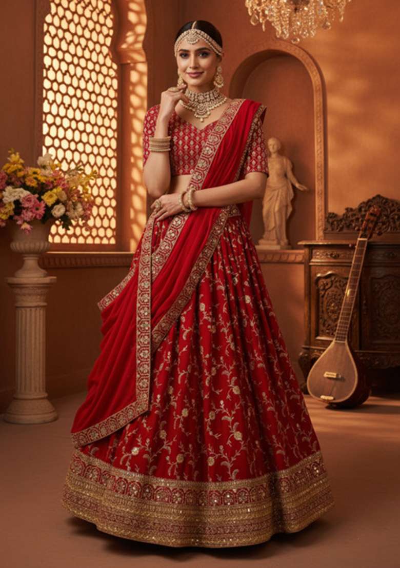 Red Embroidered Georgette Lehenga Set for Diwali and Festive Wear - Indya