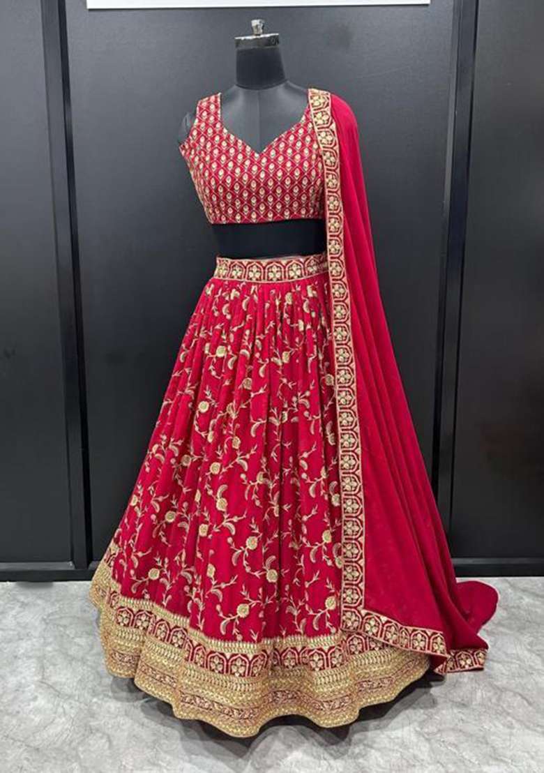 Red Embroidered Georgette Lehenga Set for Diwali and Festive Wear - Indya