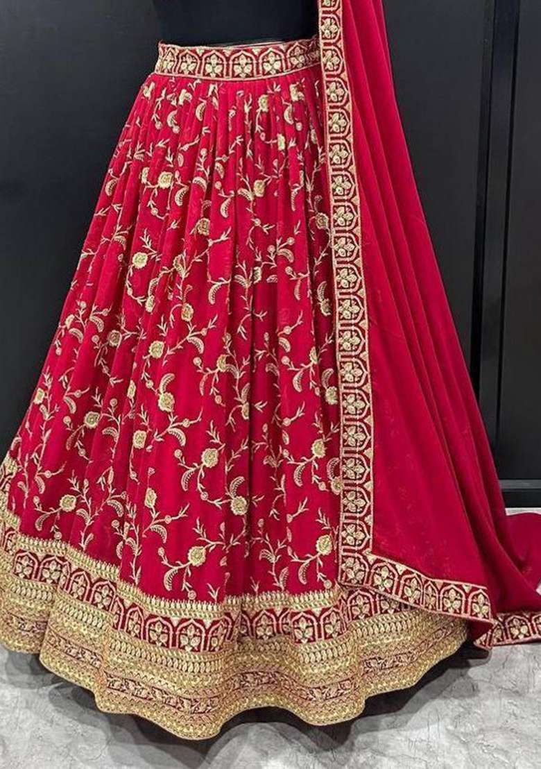 Red Embroidered Georgette Lehenga Set for Diwali and Festive Wear - Indya