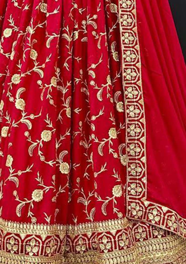 Red Embroidered Georgette Lehenga Set for Diwali and Festive Wear - Indya
