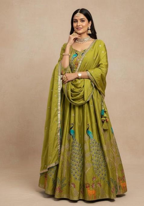 Mehendi Embroidered Silk Lehenga Set