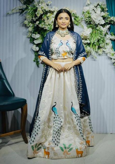 Cream Embroidered Silk Lehenga Set