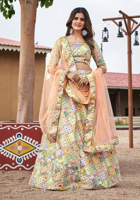 Multicolour Printed Silk Lehenga Set