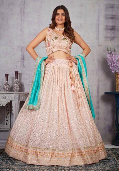 Light Pink Embroidered Georgette Lehenga Set