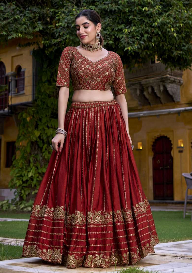 Rust Orange Blended Lehenga Set with Embroidered for Diwali | Wedding & Festive Wear - Indya