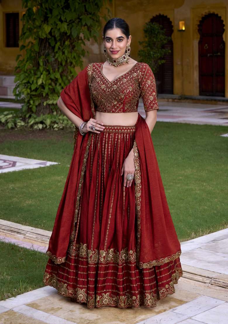 Rust Orange Blended Lehenga Set with Embroidered for Diwali | Wedding & Festive Wear - Indya