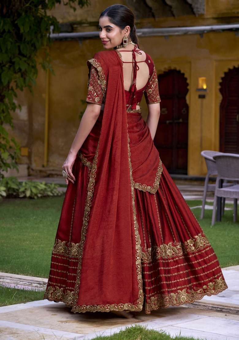 Rust Orange Blended Lehenga Set with Embroidered for Diwali | Wedding & Festive Wear - Indya
