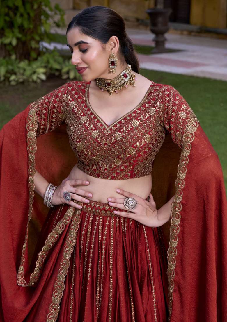 Rust Orange Blended Lehenga Set with Embroidered for Diwali | Wedding & Festive Wear - Indya