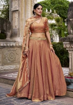 Rust Orange Embroidered Blended Lehenga Set