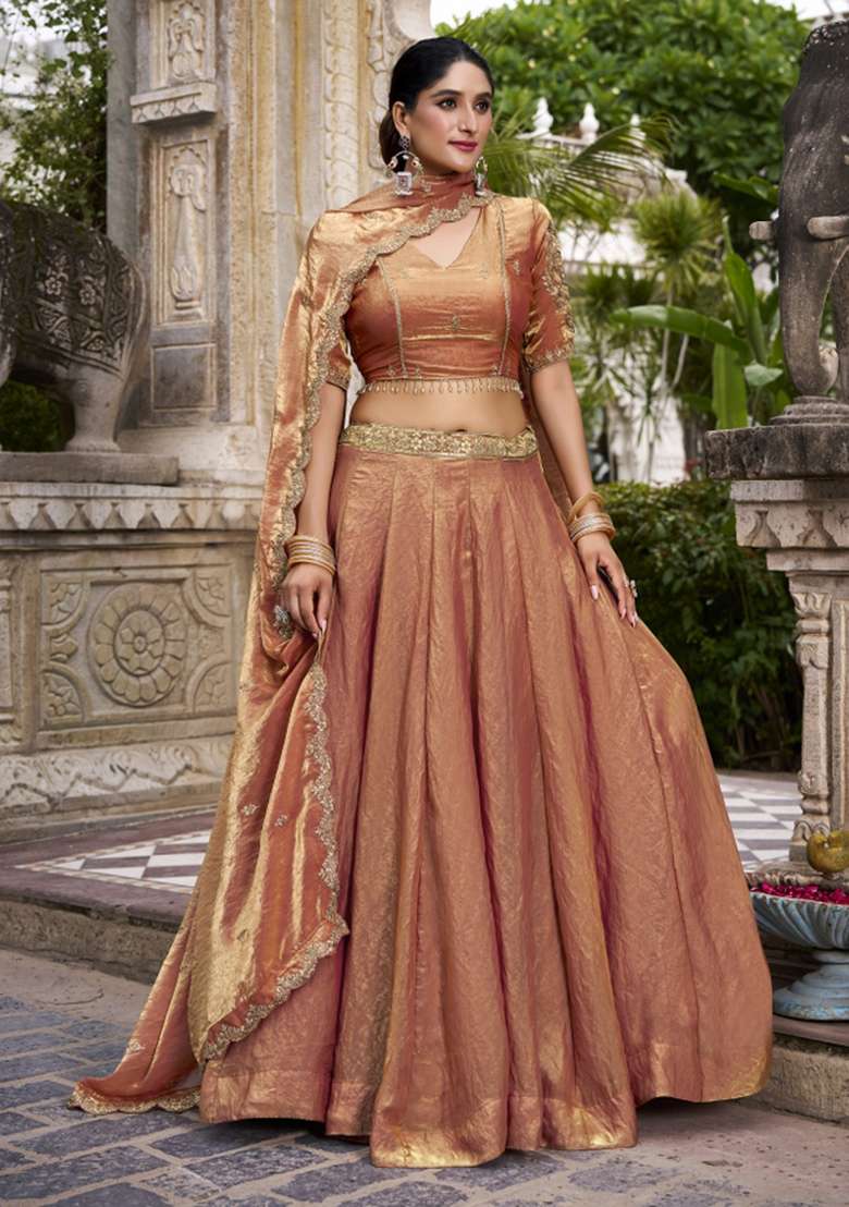 Rust Orange Blended Lehenga Set with Embroidered for Diwali | Wedding & Festive Wear - Indya
