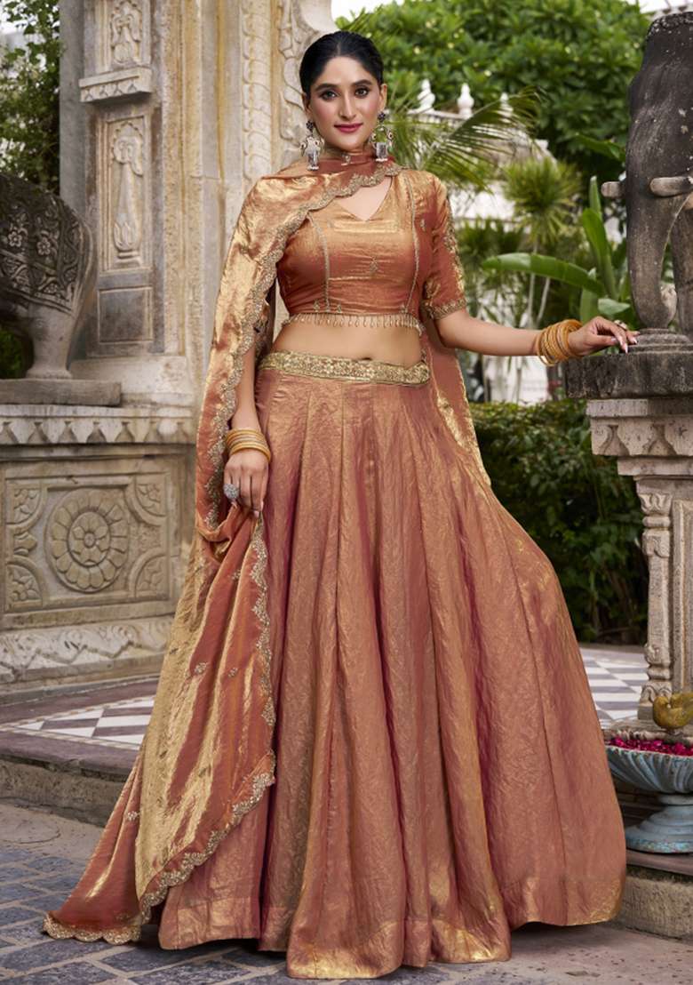 Rust Orange Blended Lehenga Set with Embroidered for Diwali | Wedding & Festive Wear - Indya