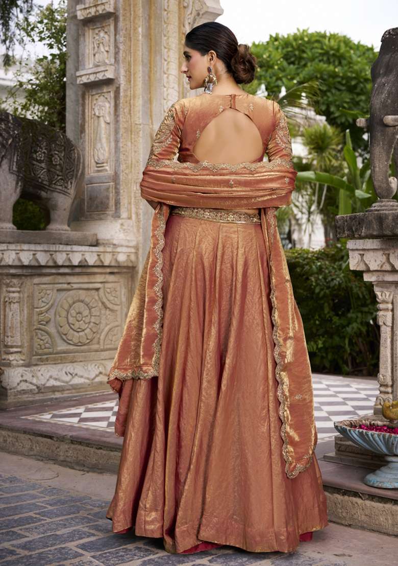 Rust Orange Blended Lehenga Set with Embroidered for Diwali | Wedding & Festive Wear - Indya