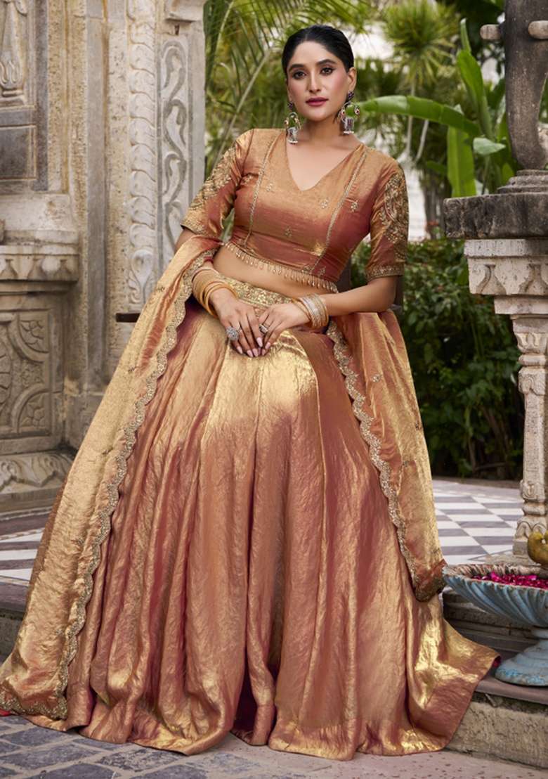 Rust Orange Blended Lehenga Set with Embroidered for Diwali | Wedding & Festive Wear - Indya