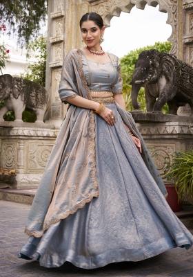 Sky Blue Embroidered Blended Lehenga Set