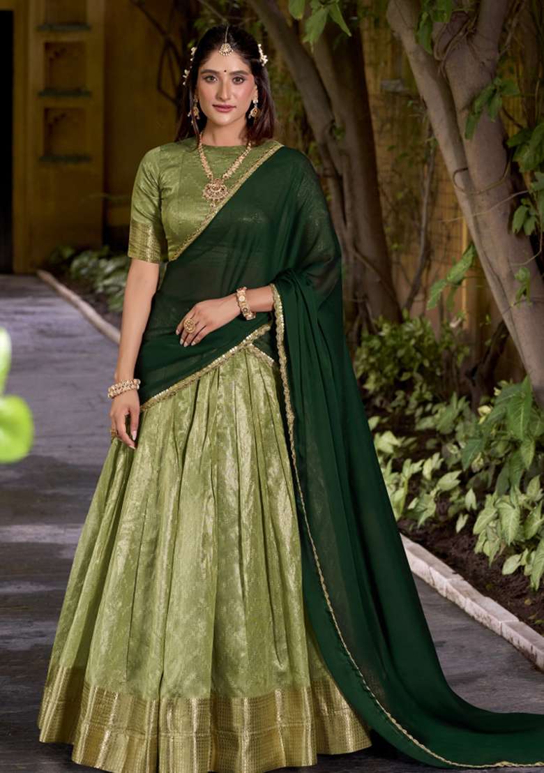 Pista Zari Work Silk Blend Lehenga Set - Indya