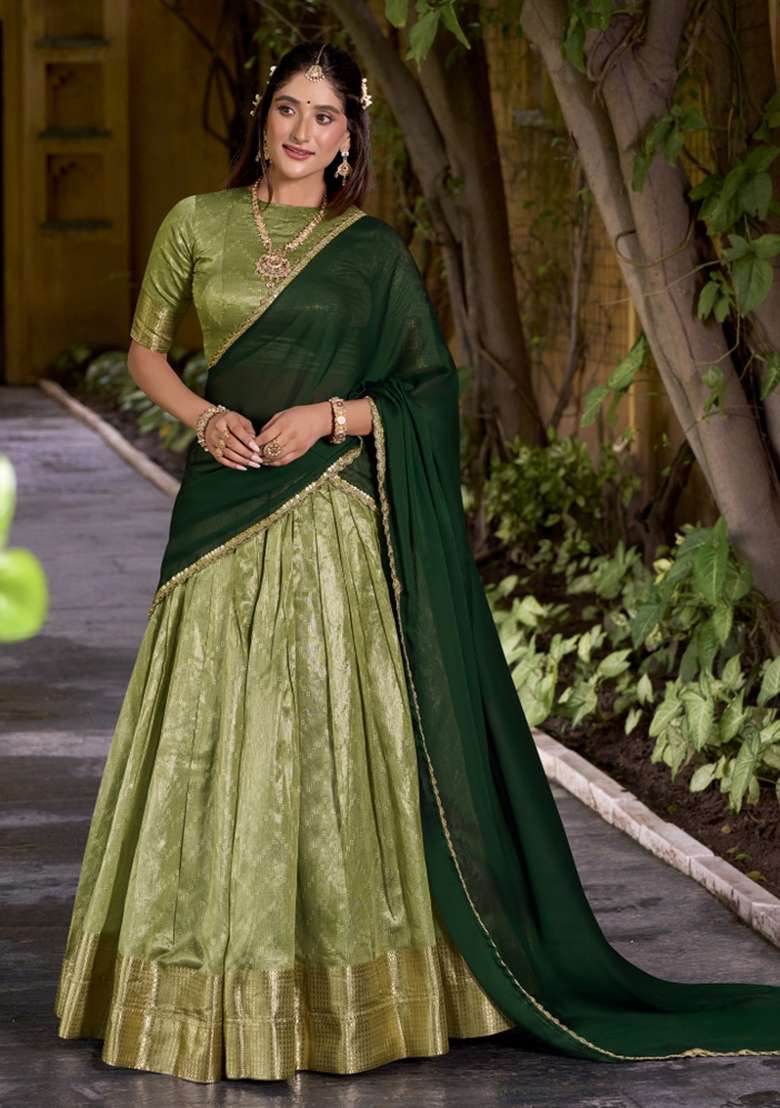 Pista Zari Work Silk Blend Lehenga Set - Indya