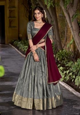 Grey Zari Work Silk Lehenga Set
