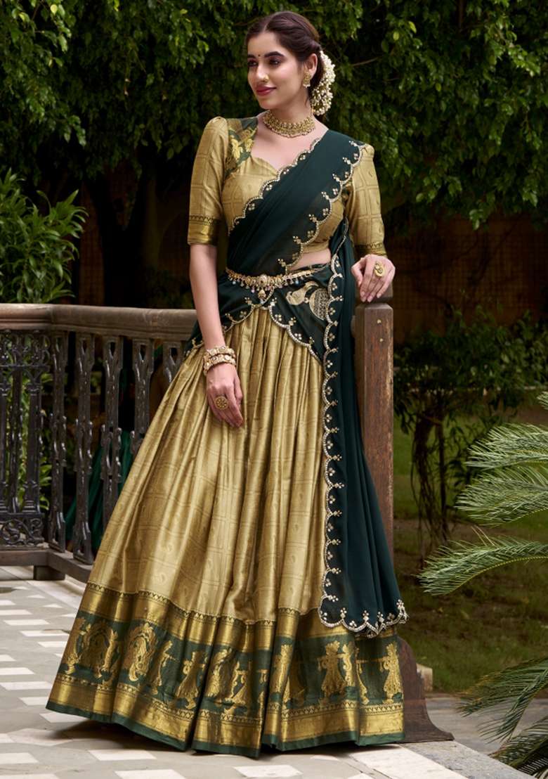 Cream Zari Work Cotton Lehenga Set - Indya