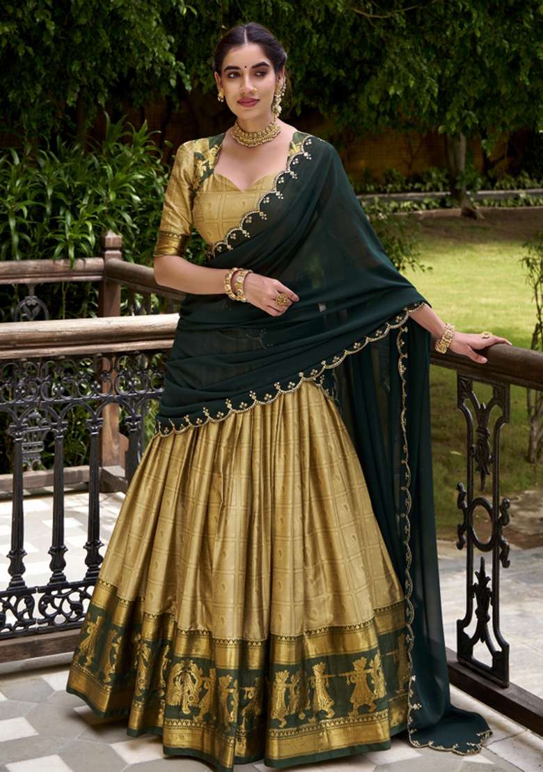 Cream Zari Work Cotton Lehenga Set - Indya