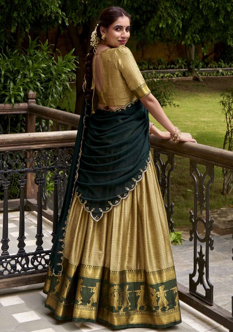 Cream Zari Work Cotton Lehenga Set - Indya
