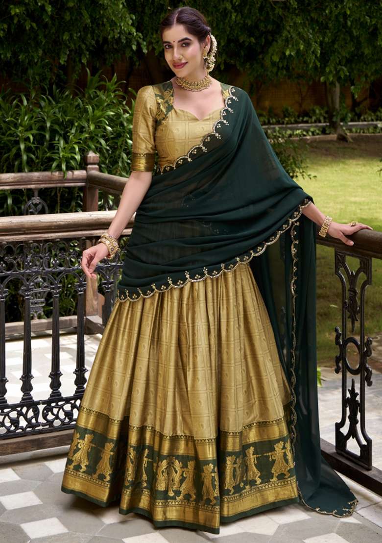 Cream Zari Work Cotton Lehenga Set - Indya